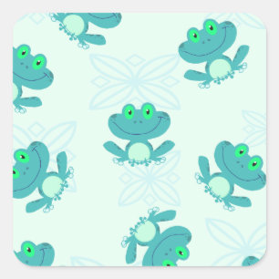 PASTEL BLUE GREEN CARTOON FROGS FROGGIES PATTERN C SQUARE STICKER