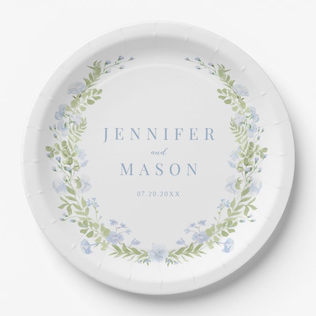 Pastel blue green flower wedding paper plates (Front)