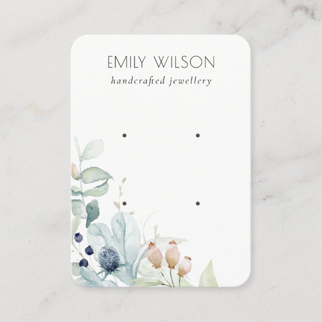 Pastel Blue Green Foliage Bunch 2 Earring Display Business Card (Front)