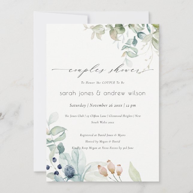 Pastel Blue Green Foliage Couples Shower Invite (Front)