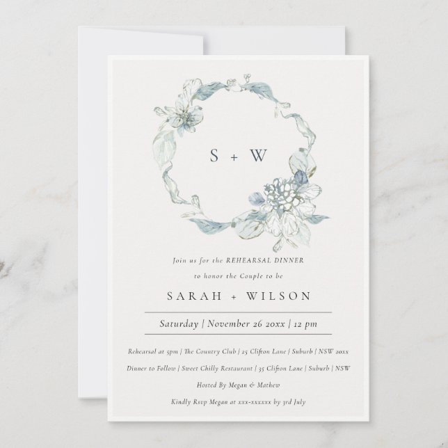 Pastel Blue Green Foliage Rehearsal Dinner Invite (Front)