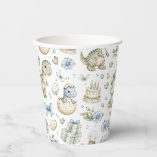 Pastel blue green Watercolor Dinosaur Birthday Paper Cups