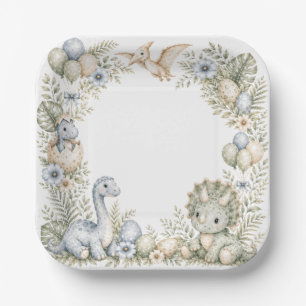 Pastel blue green Watercolor Dinosaur Birthday Paper Plate