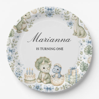 Pastel blue green Watercolor Dinosaur Birthday Paper Plate