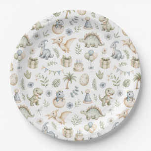 Pastel blue green Watercolor Dinosaur Birthday Paper Plate