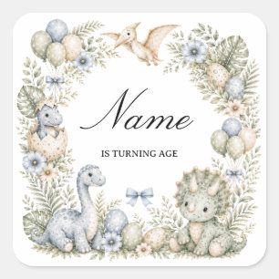 Pastel blue green Watercolor Dinosaur Birthday Square Sticker