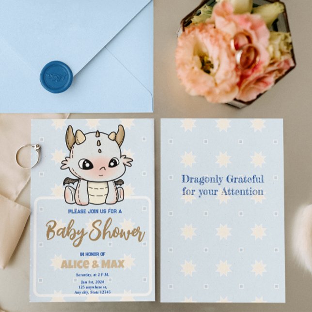 Pastel Blue Grey Baby Dragon Baby Shower Invitation (Creator Uploaded)