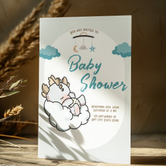 Pastel Blue Grey Sleeping Cloud Baby Dragon Invitation