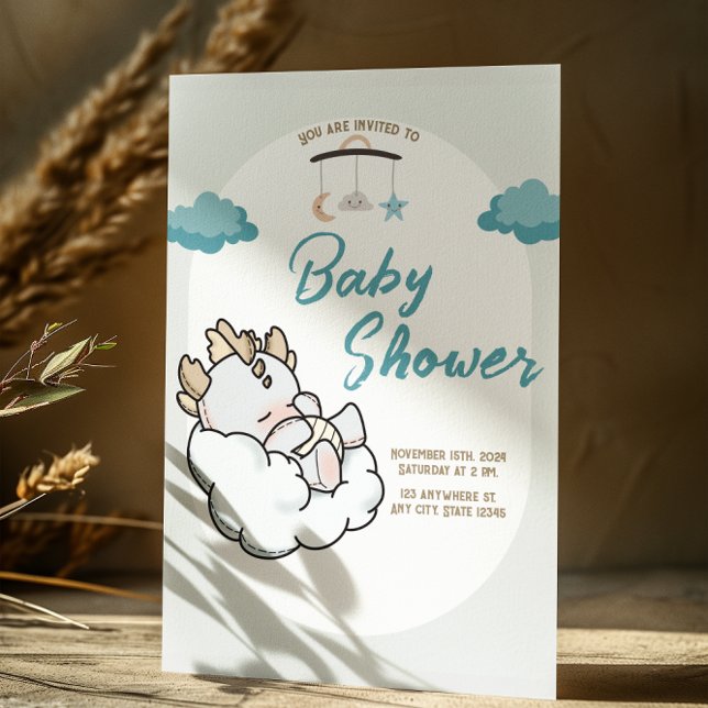 Pastel Blue Grey Sleeping Cloud Baby Dragon Invitation (Creator Uploaded)