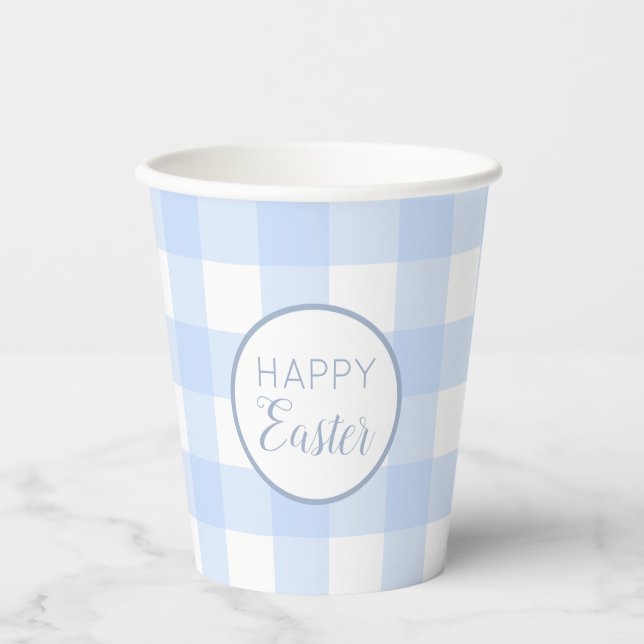 Pastel Blue Happy Easter Plaid Pattern  Paper Cups (Front)