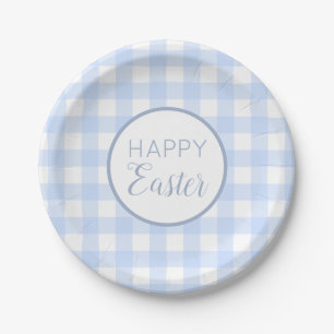 Pastel Blue Happy Easter Plaid Pattern  Paper Plate