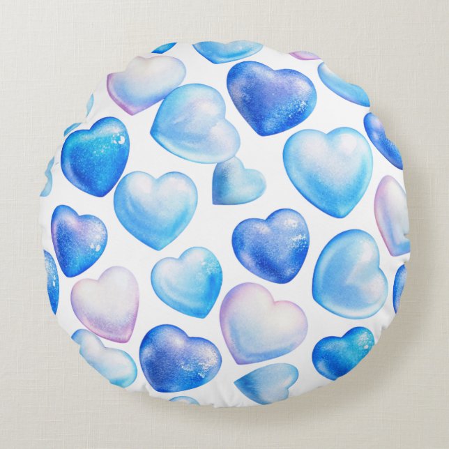 Pastel Blue Hearts Round Pillow (Front)