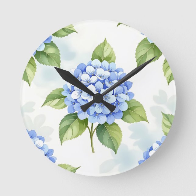 Pastel Blue Hydrangea Bouquet Pattern Round Clock (Front)