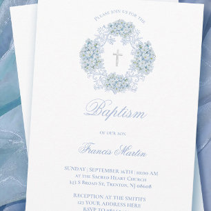 pastel blue hydrangea wreath Baptism Invitation