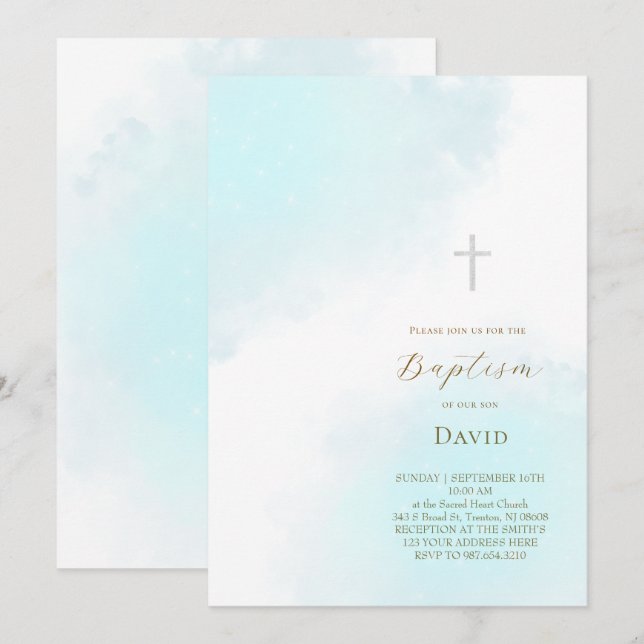 pastel blue ink splashes Baptism Invitation (Front/Back)