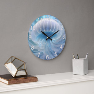 Pastel Blue Jellyfish Fractal Art, Large Clock