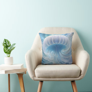 Pastel Blue Jellyfish Fractal Art Under The Sea, Cushion