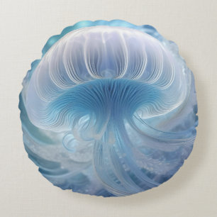 Pastel Blue Jellyfish Fractal Art Under The Sea, Round Cushion