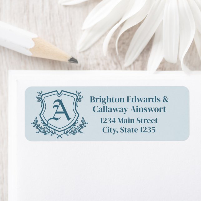 Pastel Blue Leaf and Floral Monogram Crest Address (Insitu)