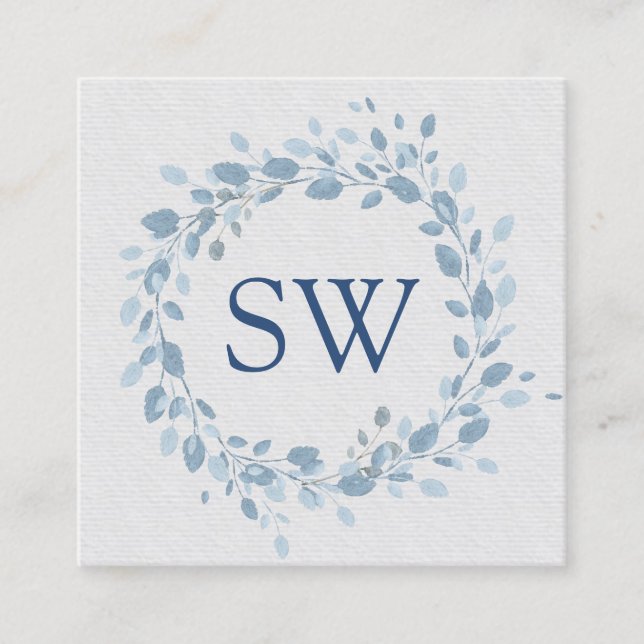 Pastel Blue Leaves Floral Monogram Wedding Planner Square Business Card (Front)