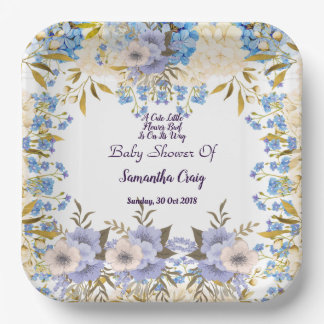 Pastel Blue Little Flower Bud Floral Baby Shower Paper Plate
