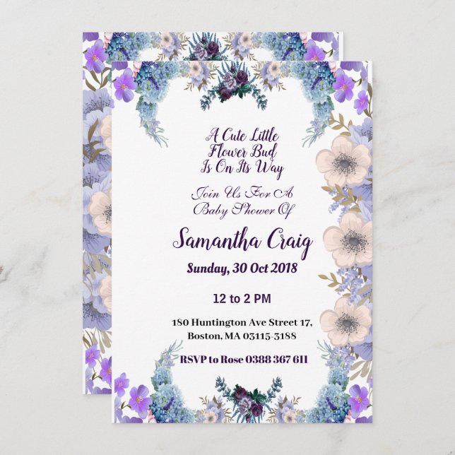 Pastel Blue Little Flower Bud Lilac Baby Shower  Invitation (Front/Back)