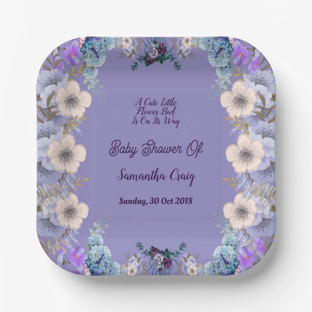 Pastel Blue Little Flower Bud Lilac Baby Shower  Paper Plate (Front)