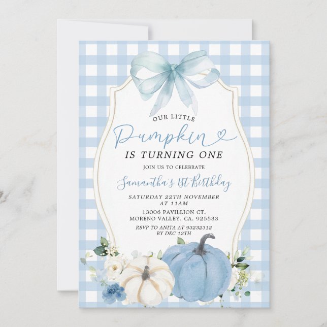 Pastel Blue Little Pumpkin Gingham 1st Birthday Invitation (Front)