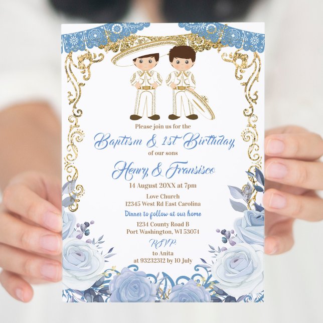 Pastel Blue Mexican Twin Baptism and 1st Birthday Invitation (Creator Uploaded)