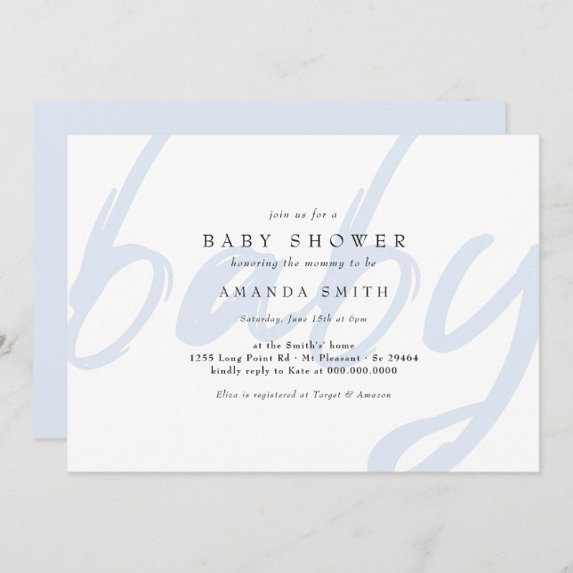 Pastel Blue Minimal Modern Baby Boy Shower Invitation (Front/Back)