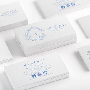 Pastel Blue Monogram Floral Crest Professional Business Card