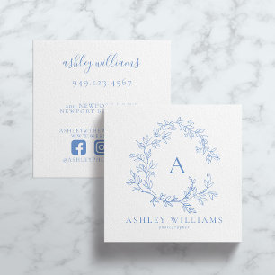 Pastel Blue Monogram Floral Crest Professional Square Business Card