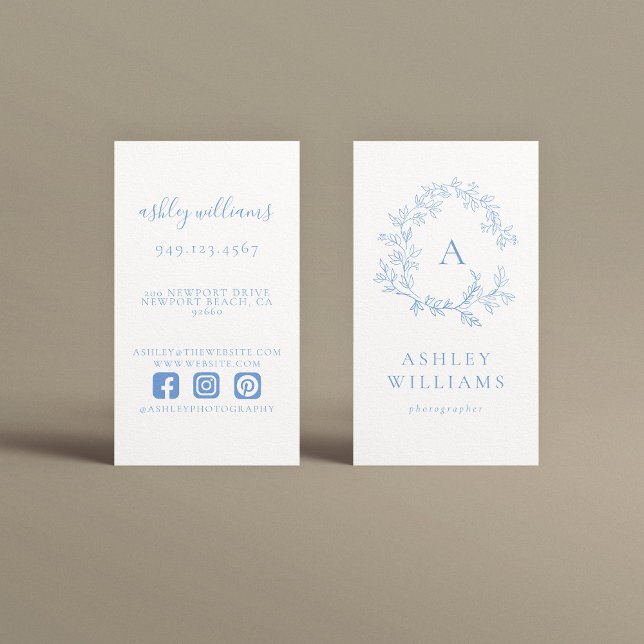 Pastel Blue Monogram Professional Floral Crest  Business Card (Creator Uploaded)