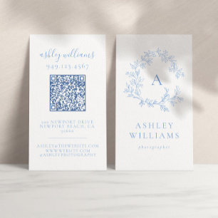 Pastel Blue Monogram QR Code Floral Crest  Business Card