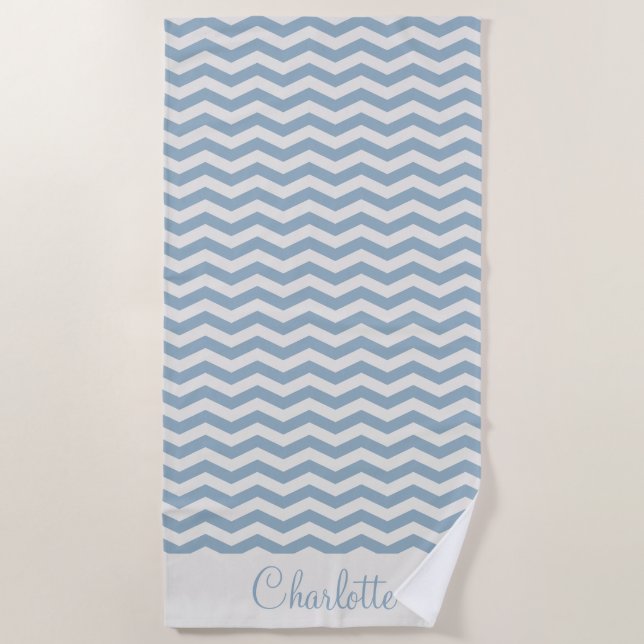 Pastel blue name zig zag stripe geometric beach towel (Front)