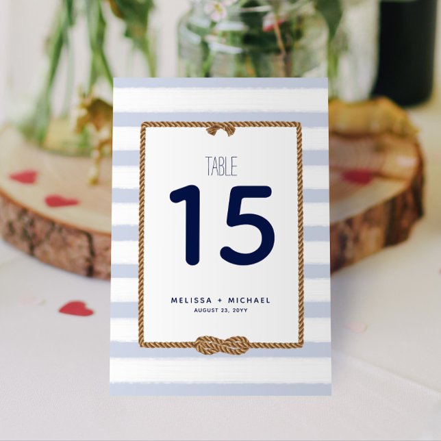Pastel Blue Nautical Knot Table Number (3.5x5.0) (Nautical Stripes and Infinity Knot Blue and White Table Numbers for Your Wedding, Shower, or Event!)
