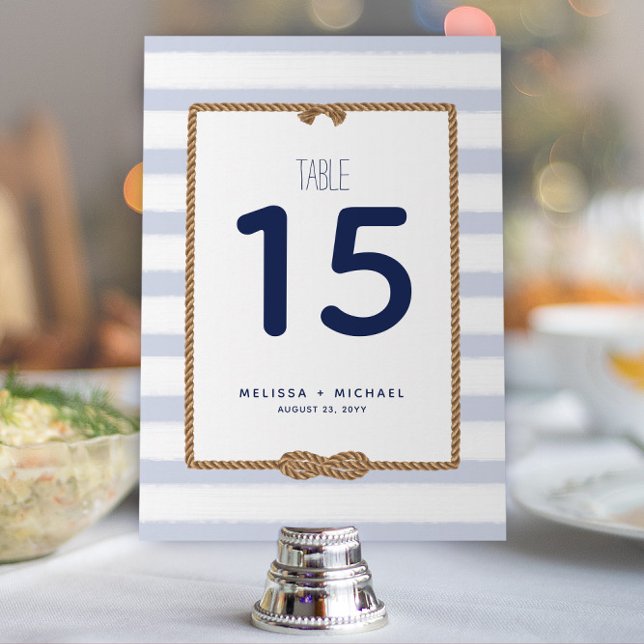 Pastel Blue Nautical Knot Table Number (5x7) (Modern Pastel Blue & White Striped Nautical Wedding or Event Table Numbers (Available for Download))