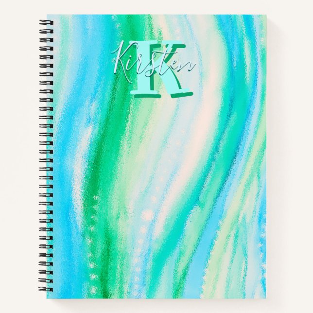 Pastel Blue Oceanscape Alcohol Ink Notebook (Front)