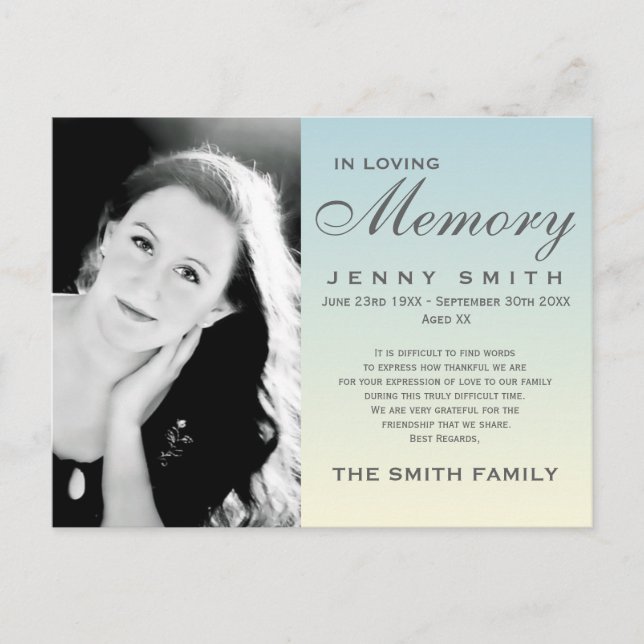 Pastel Blue Ombré Memorial Family Acknowledgement Postcard (Front)
