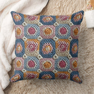 Pastel Blue Orange and Pink Crochet Look Cushion