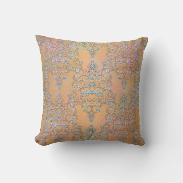 Pastel Blue over Gold Aurora Lace Damask Cushion (Front)