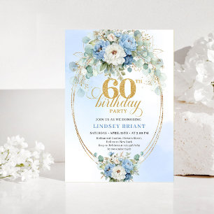 Pastel Blue Peonies Gold 60th Birthday Invitation