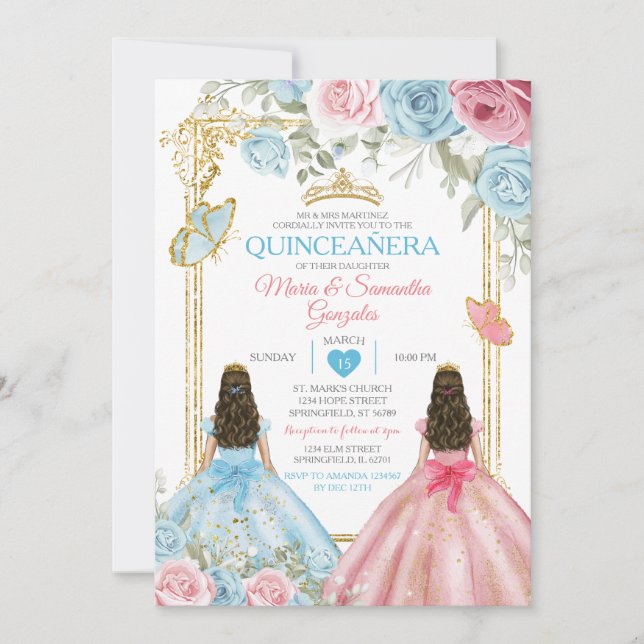 Pastel Blue Pink Butterfly Floral Gold Quinceañera Invitation (Front)