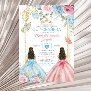 Pastel Blue Pink Butterfly Floral Gold Quinceañera Invitation