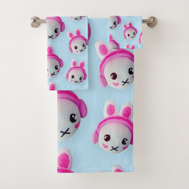 Pastel Blue & Pink Cartoon Bunny Towel (Insitu)