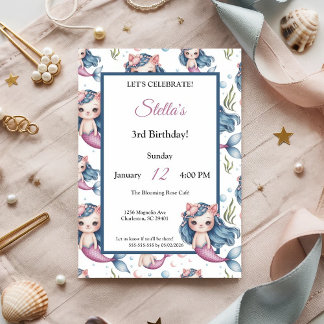 Pastel Blue Pink Cat Mermaid Girl Birthday Party Invitation