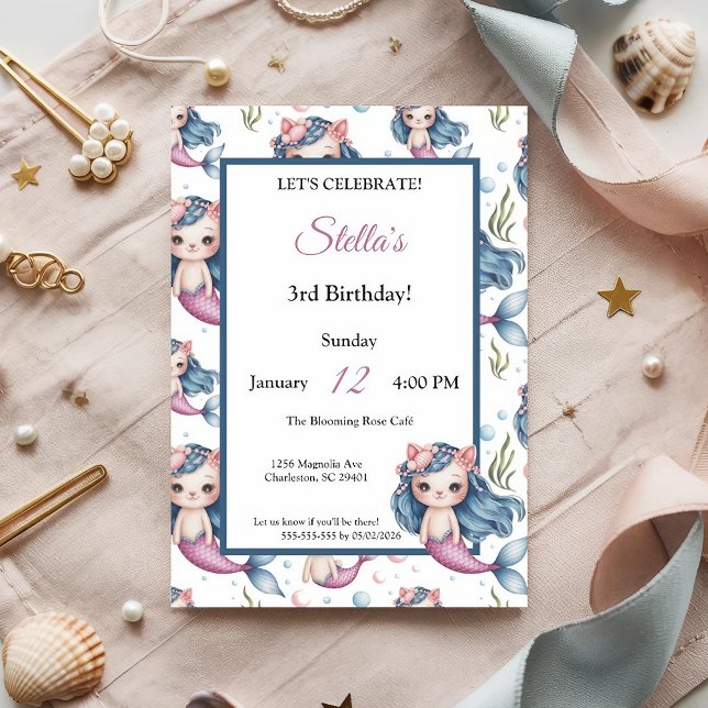 Pastel Blue Pink Cat Mermaid Girl Birthday Party Invitation (Creator Uploaded)