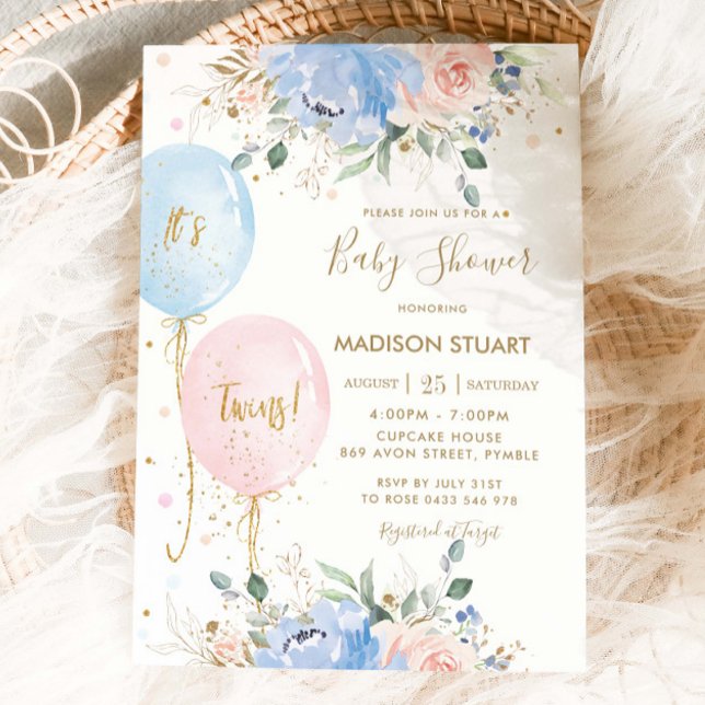 Pastel Blue Pink Floral Balloons Twins Baby Shower Invitation (Creator Uploaded)