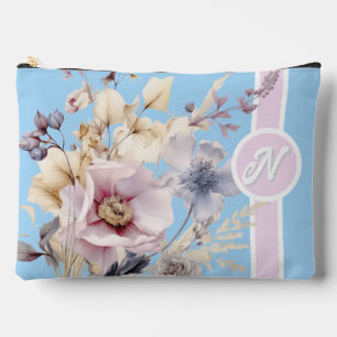 Pastel Blue & Pink Floral Monogram Accessory Pouch