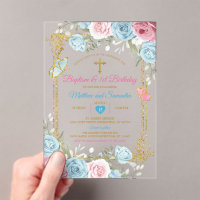 Pastel Blue Pink Gold Baptism & 1st Birthday